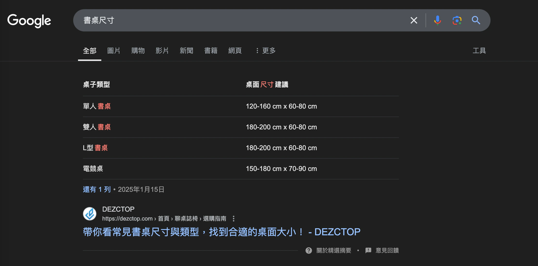 書桌尺寸的 Google 表格式精選摘要截圖