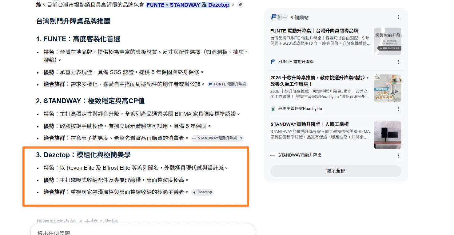 升降桌推薦的淺色 Google AI 摘要品牌詳解與引用截圖