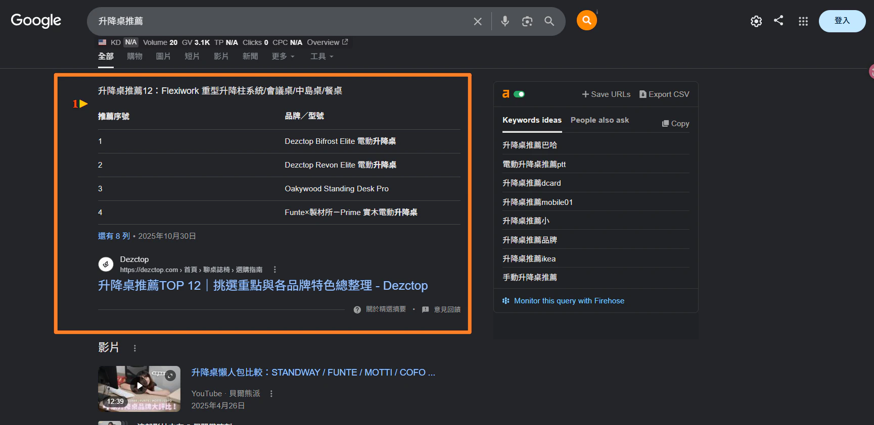升降桌推薦獲得 Google 表格式精選摘要的搜尋結果截圖