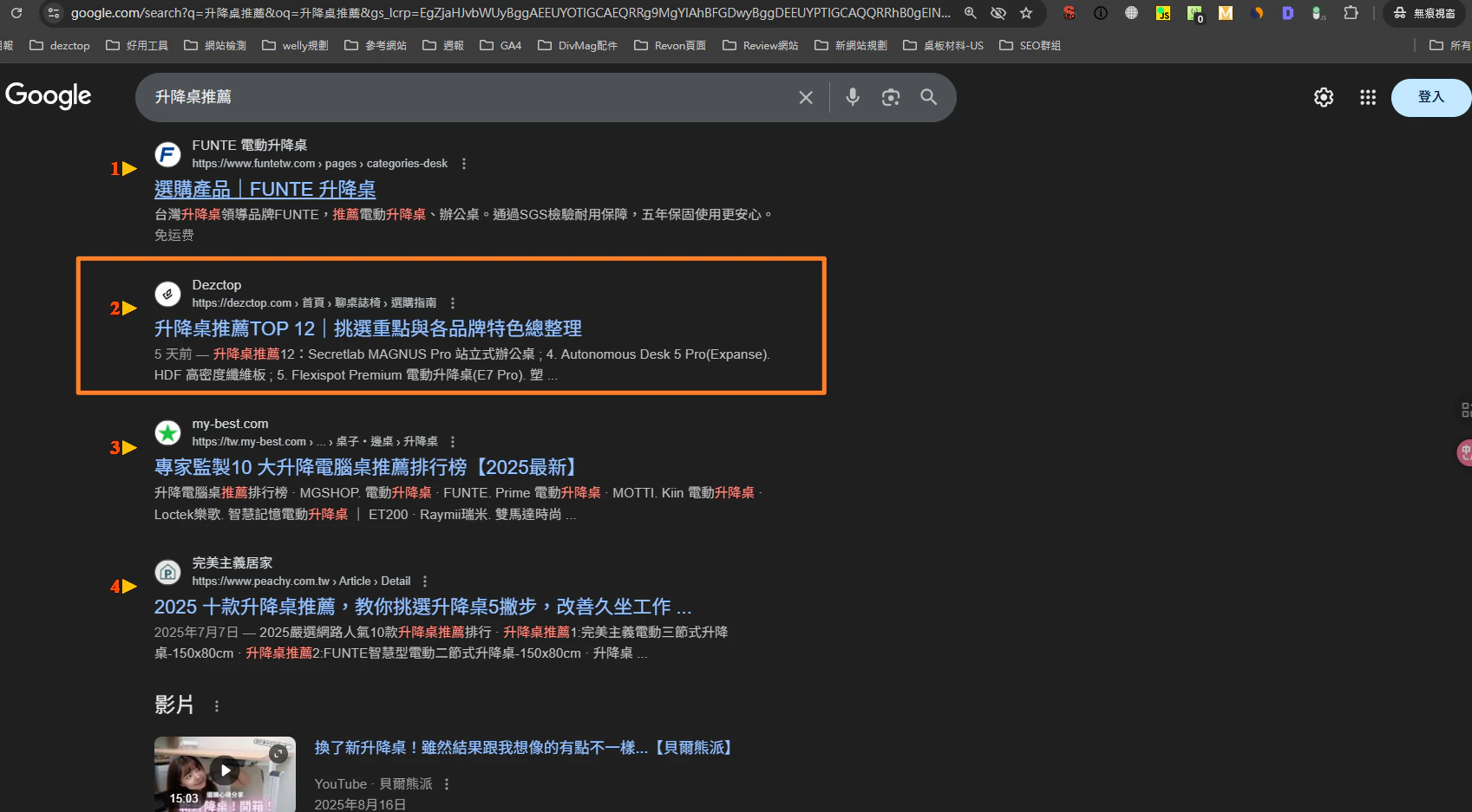 升降桌推薦自然搜尋排名第二的 Google 搜尋結果截圖