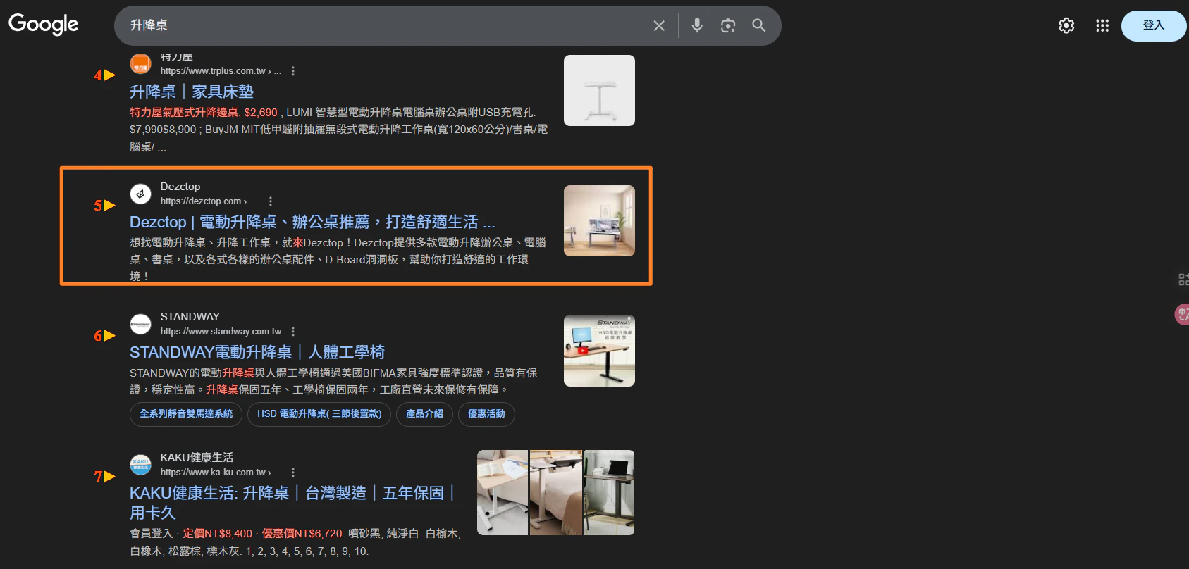 升降桌自然搜尋排名第五的 Google 搜尋結果截圖