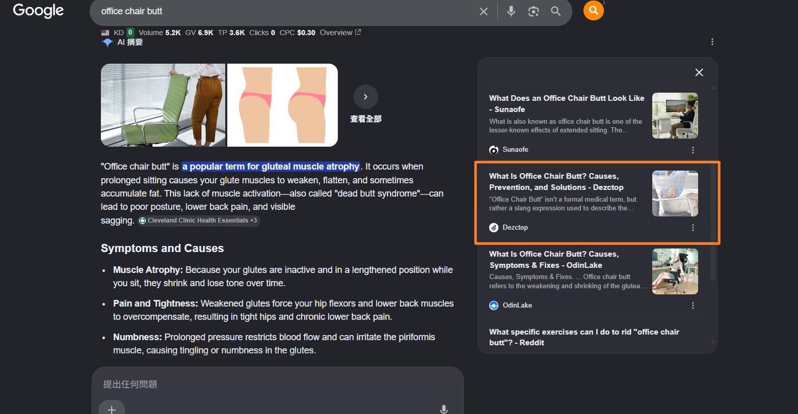 office chair butt 獲得 Google AI Overview 引用的截圖